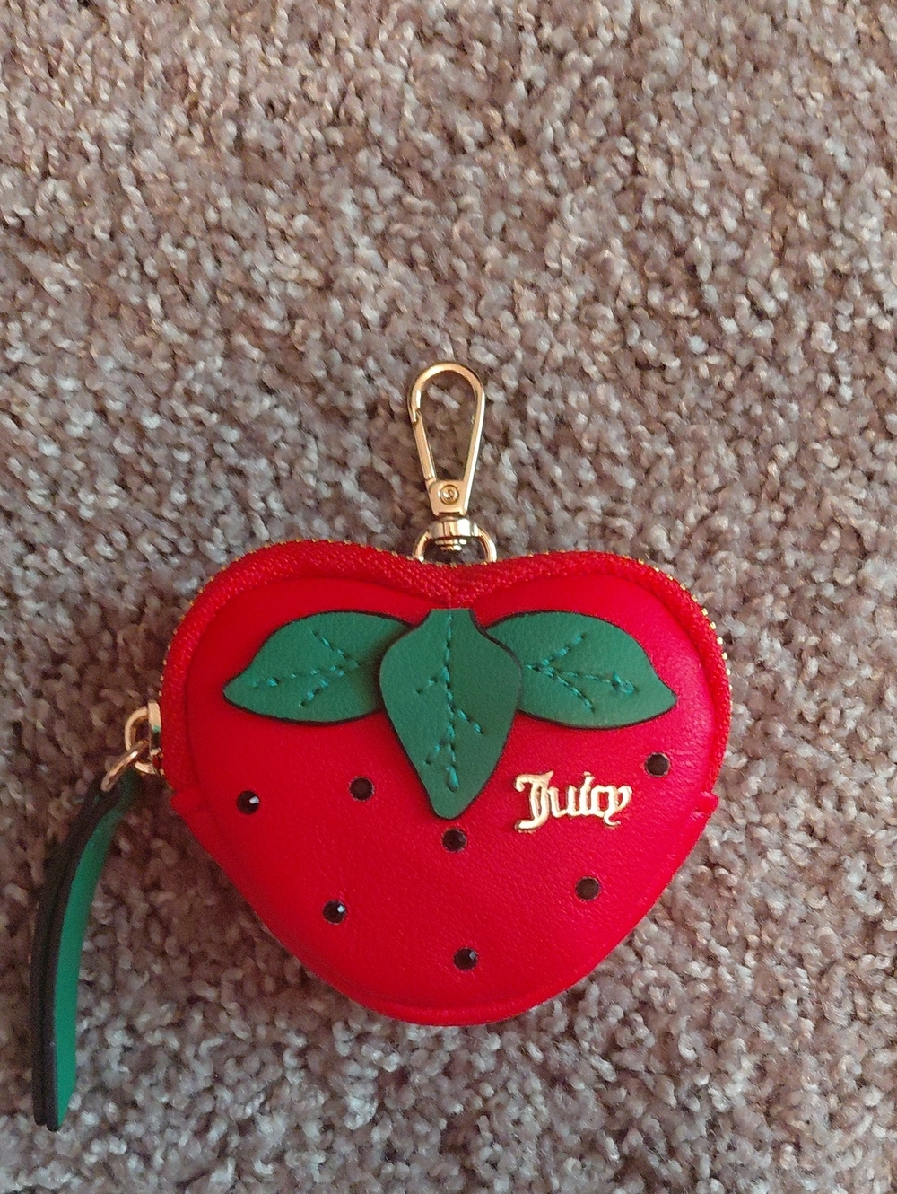 Juicy Couture Red Strawberry Mini Coin Purse with Green Leaves and Gold Hardware